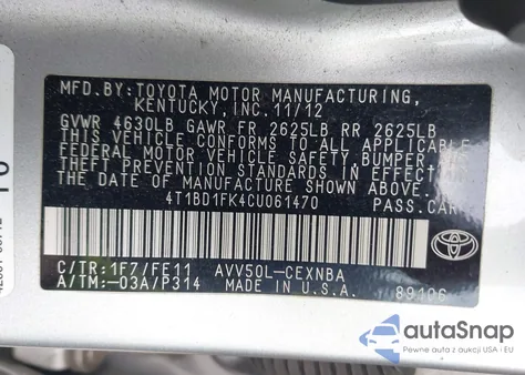 2012 Toyota Camry Hybrid Le из США, поврежденный, VIN 4T1BD1FK4CU061470